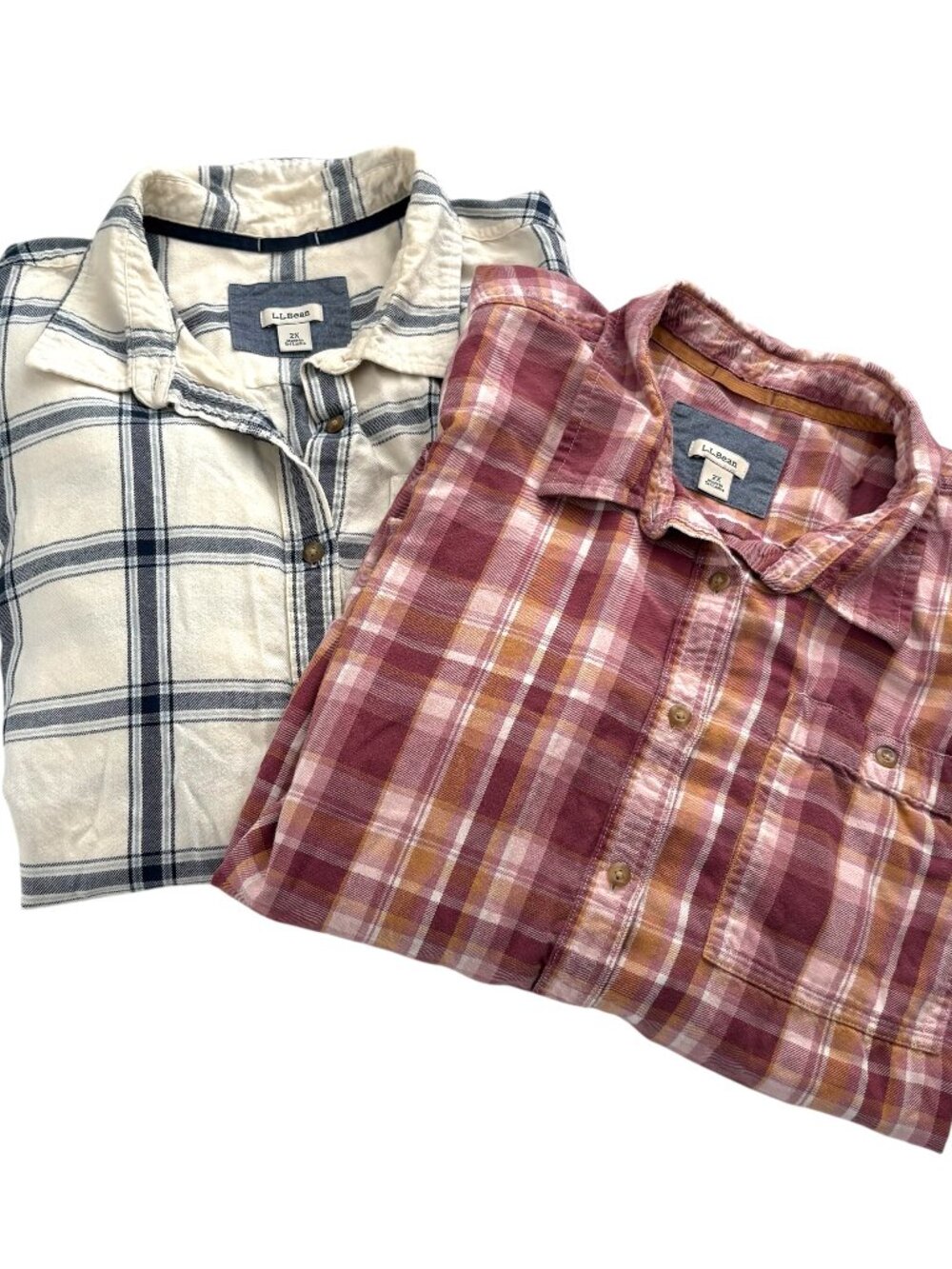 (2) LL Bean Flannel Button Down Shirt Size 2X Pink & Cream / Blue Plaid Top